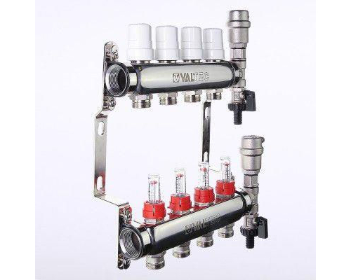 Коллектор Valtec из нержавеющей стали со встроенными расходомерами 1", 3 выхода x 3/4"